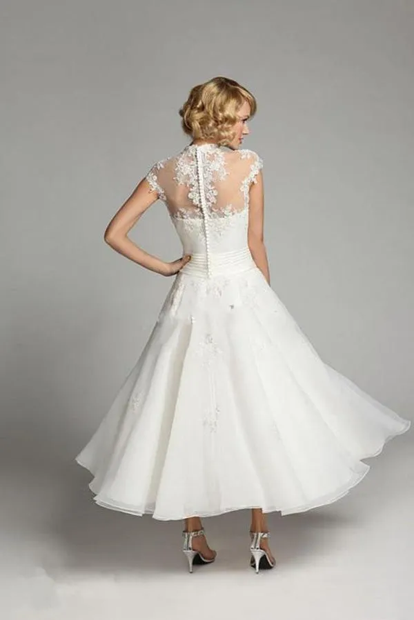 Ivory Beaded Organza Vintage High Neck Lace Tea Length Cap Sleeve Wedding Dress, SW164