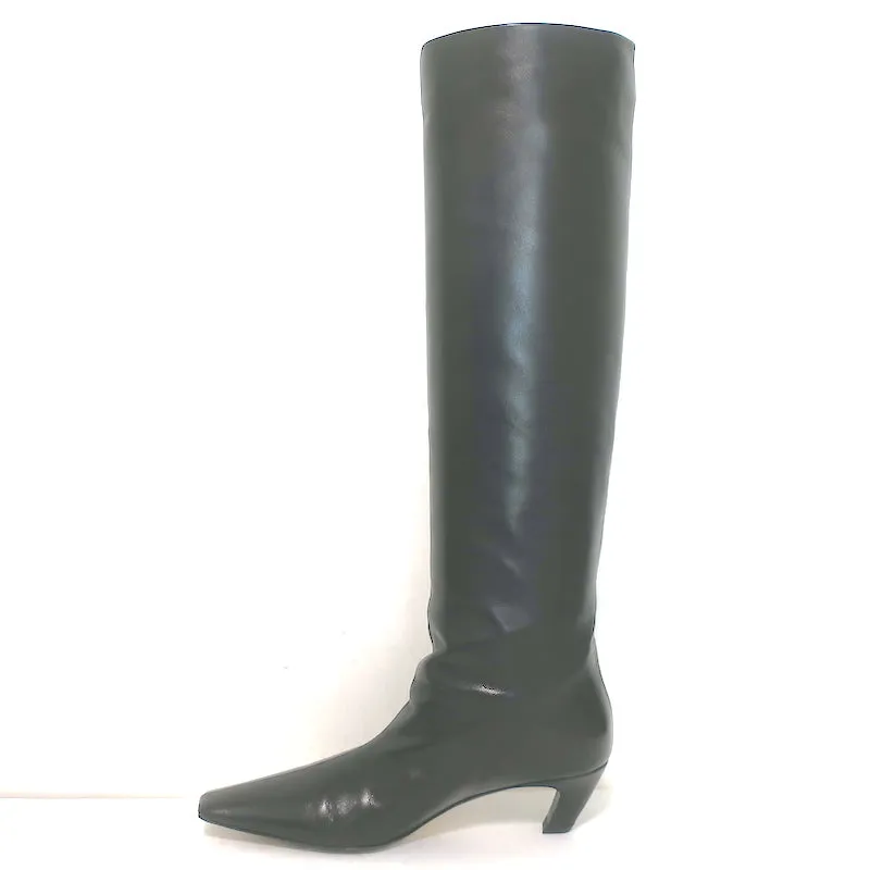 Khaite Davis Knee High Kitten Heel Boots Black Leather Size 38.5