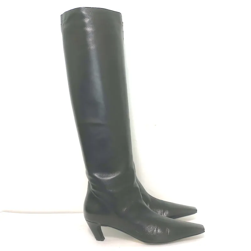 Khaite Davis Knee High Kitten Heel Boots Black Leather Size 38.5