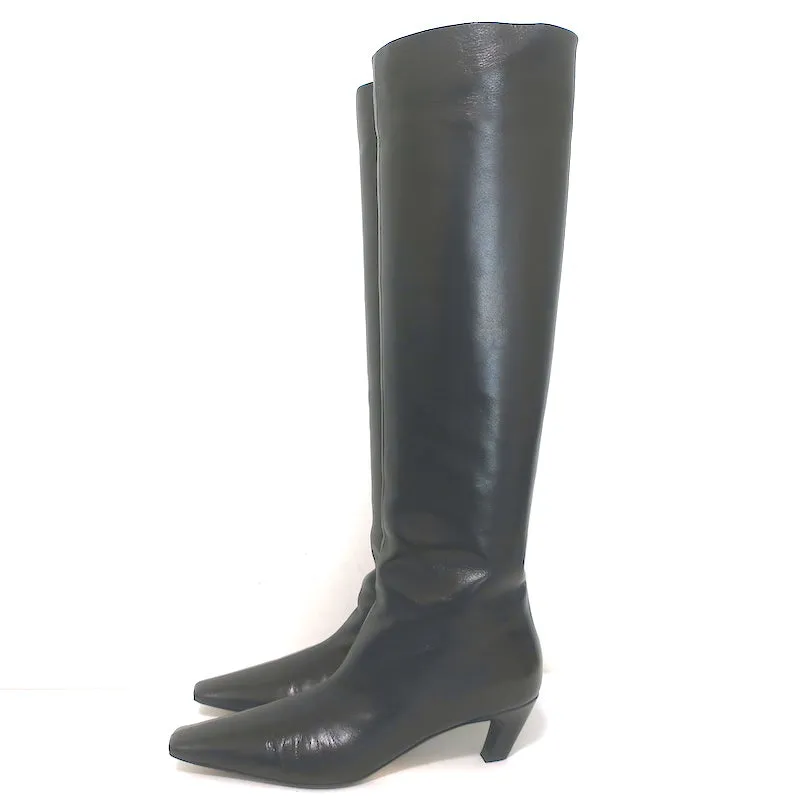 Khaite Davis Knee High Kitten Heel Boots Black Leather Size 38.5