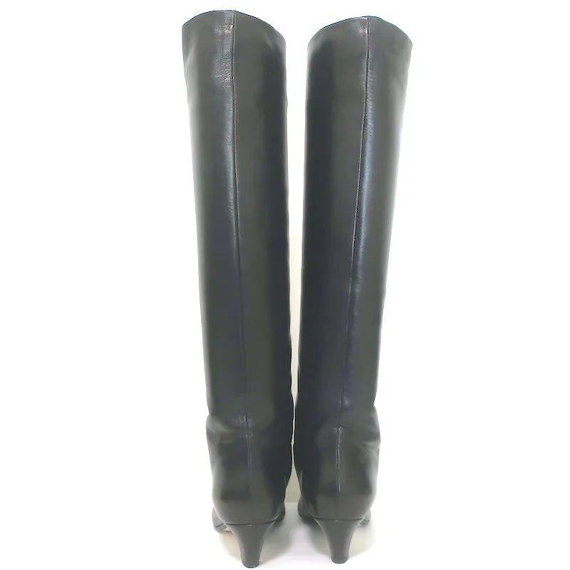 Khaite Davis Knee High Kitten Heel Boots Black Leather Size 38.5