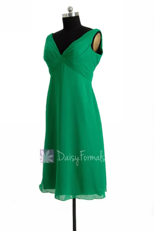 Knee Length Emerald Green Bridal Party Dress V-Neck Chiffon Formal Bridesmaid Dress(BM7726)