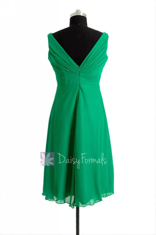 Knee Length Emerald Green Bridal Party Dress V-Neck Chiffon Formal Bridesmaid Dress(BM7726)