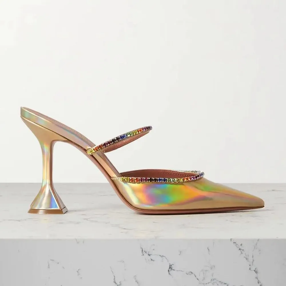 Korean Version of The Trendy Half-slip Women's Shoes with Rhinestone Satin Wine Glass Heels Baotou Slippers