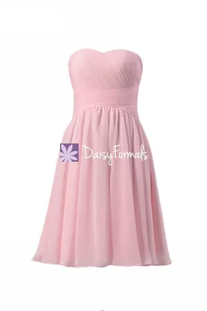 Light Pink Strapless Bridal Party Dress Sweetheart Chiffon Dress Handmade (BM182)