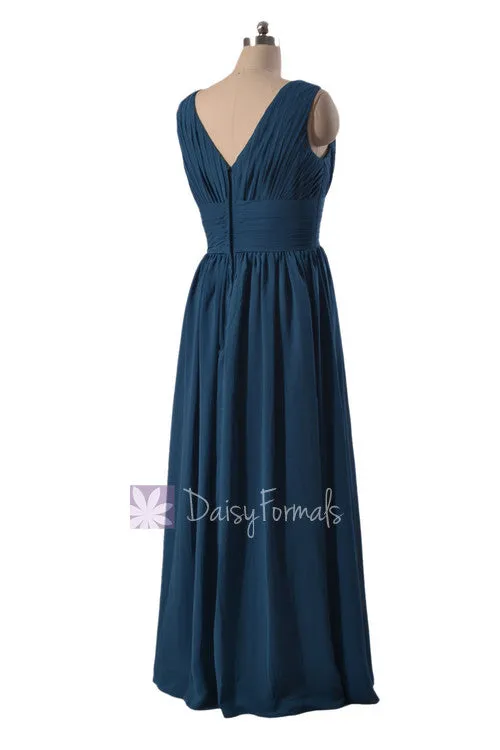 Long Deep V-Neck Chiffon Bridal Party Dress Pleated Peacock Blue Formal Dress(BM9825)