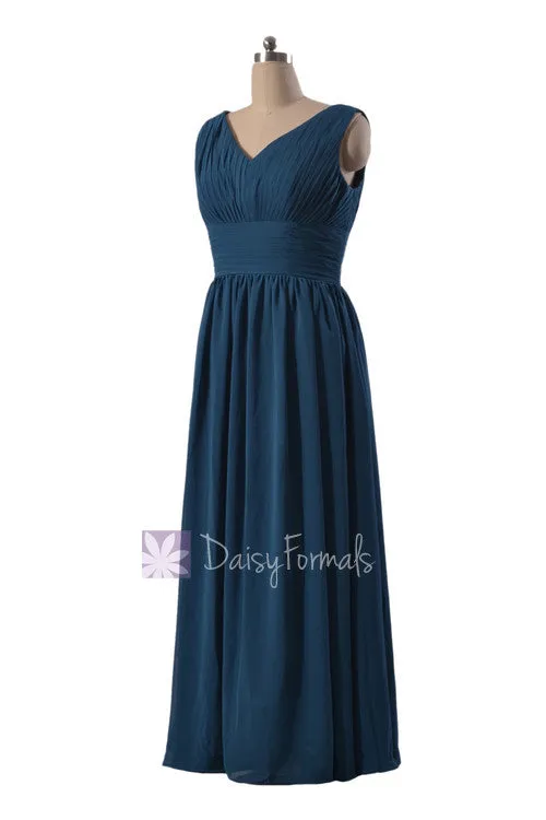 Long Deep V-Neck Chiffon Bridal Party Dress Pleated Peacock Blue Formal Dress(BM9825)