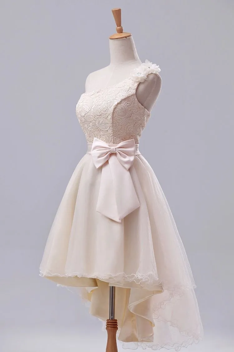 Lovely One Shoulder Lace with Flowers Homecoming Dress, High Low Party Dress