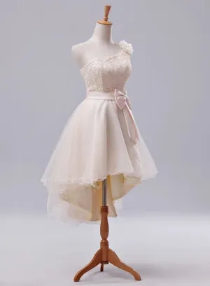 Lovely One Shoulder Lace with Flowers Homecoming Dress, High Low Party Dress