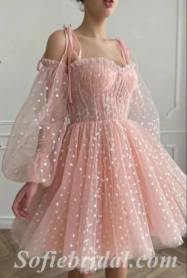 Lovely Pink Tulle Spaghetti Straps Long Sleeve A-Line Midi Prom Dresses ,SFPD0541