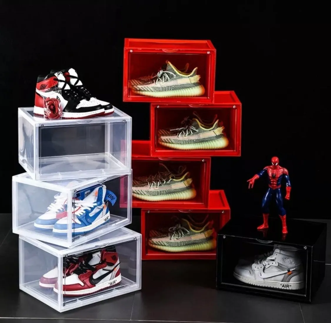 Magnetic Shoe Storage Box Drop Side/Front Sneaker Case Stackable Container XL - Ruby Red