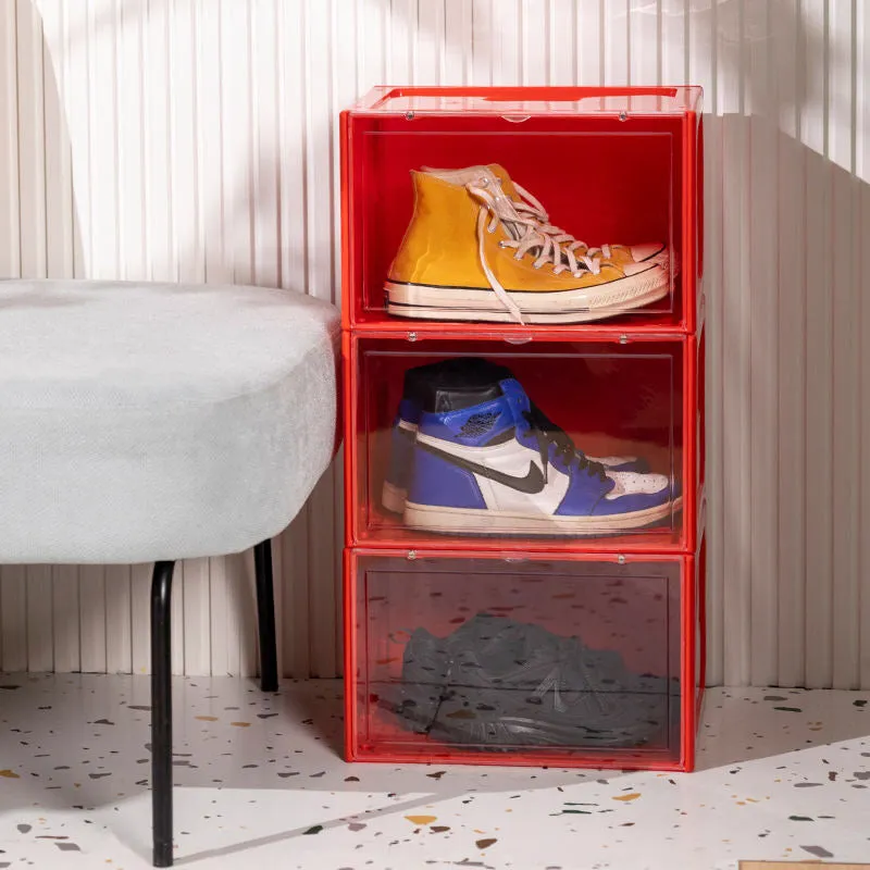 Magnetic Shoe Storage Box Drop Side/Front Sneaker Case Stackable Container XL - Ruby Red
