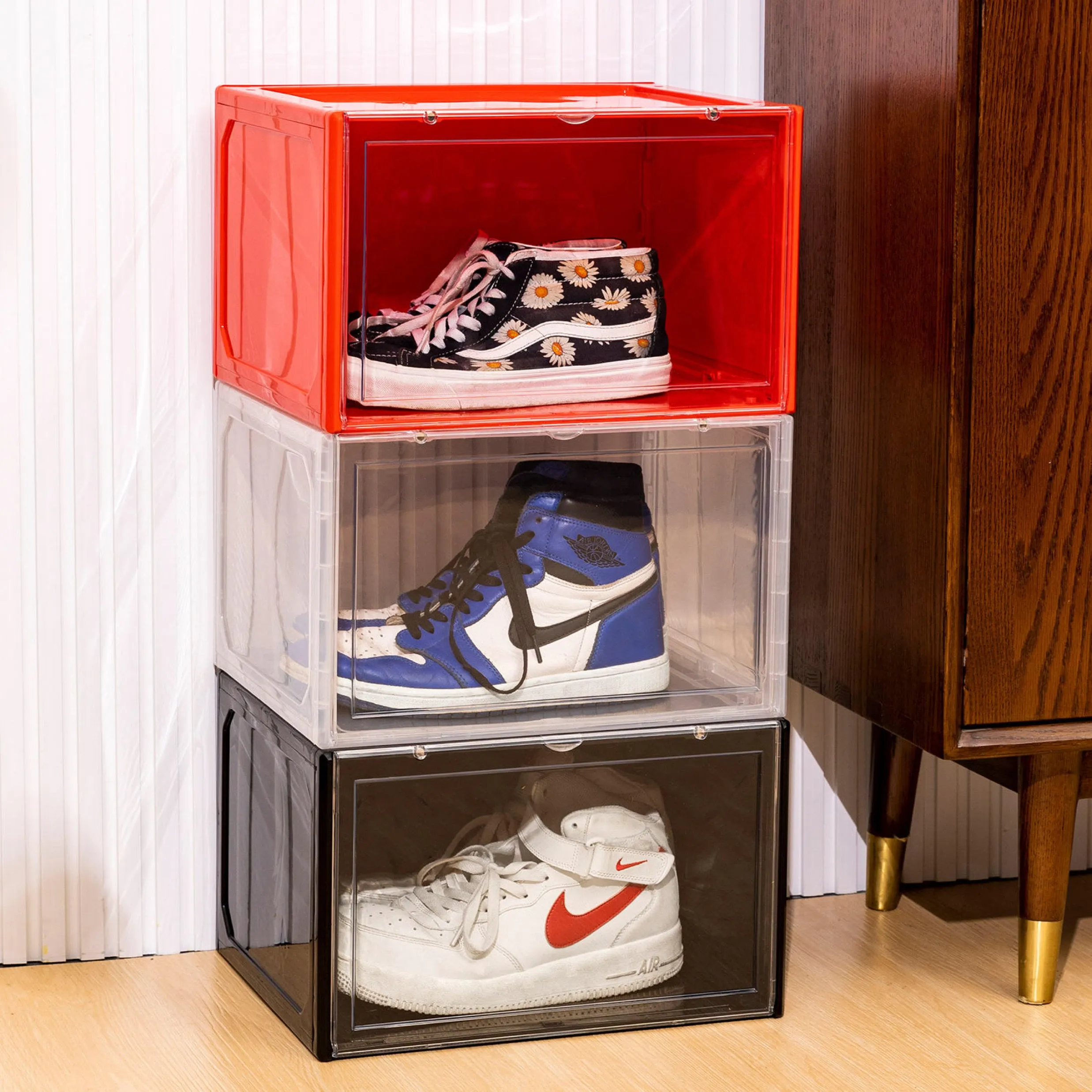 Magnetic Shoe Storage Box Drop Side/Front Sneaker Case Stackable Container XL - Ruby Red