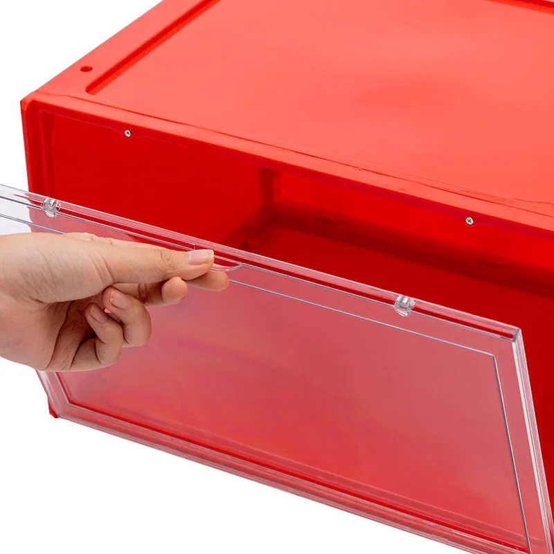 Magnetic Shoe Storage Box Drop Side/Front Sneaker Case Stackable Container XL - Ruby Red