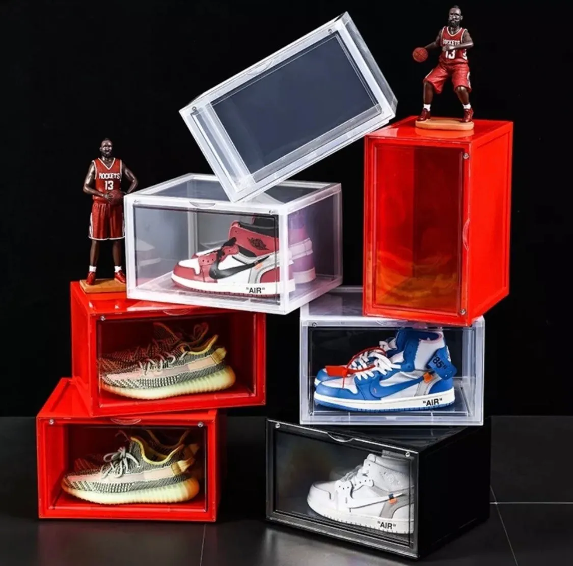 Magnetic Shoe Storage Box Drop Side/Front Sneaker Case Stackable Container XL - Ruby Red