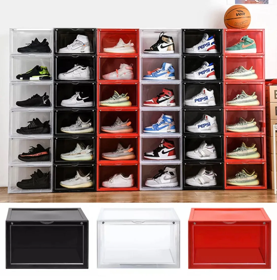 Magnetic Shoe Storage Box Drop Side/Front Sneaker Case Stackable Container XL - Ruby Red