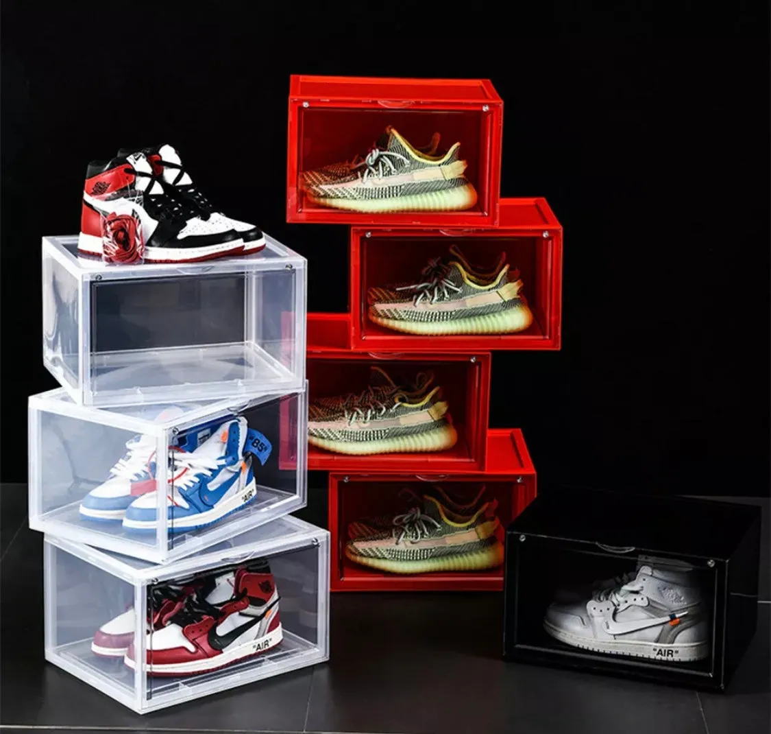 Magnetic Shoe Storage Box Drop Side/Front Sneaker Case Stackable Container XL - Ruby Red