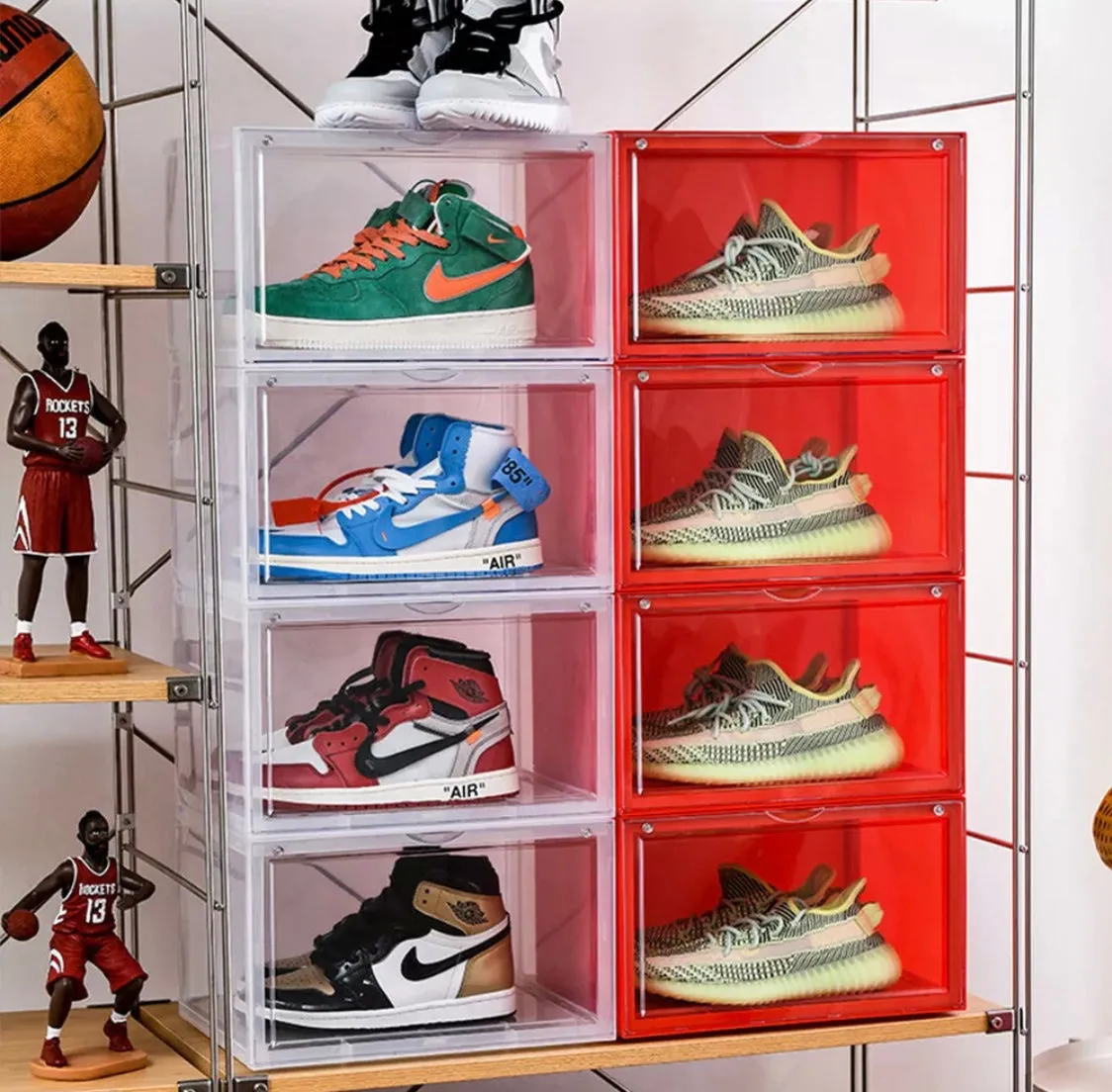 Magnetic Shoe Storage Box Drop Side/Front Sneaker Case Stackable Container XL - Ruby Red