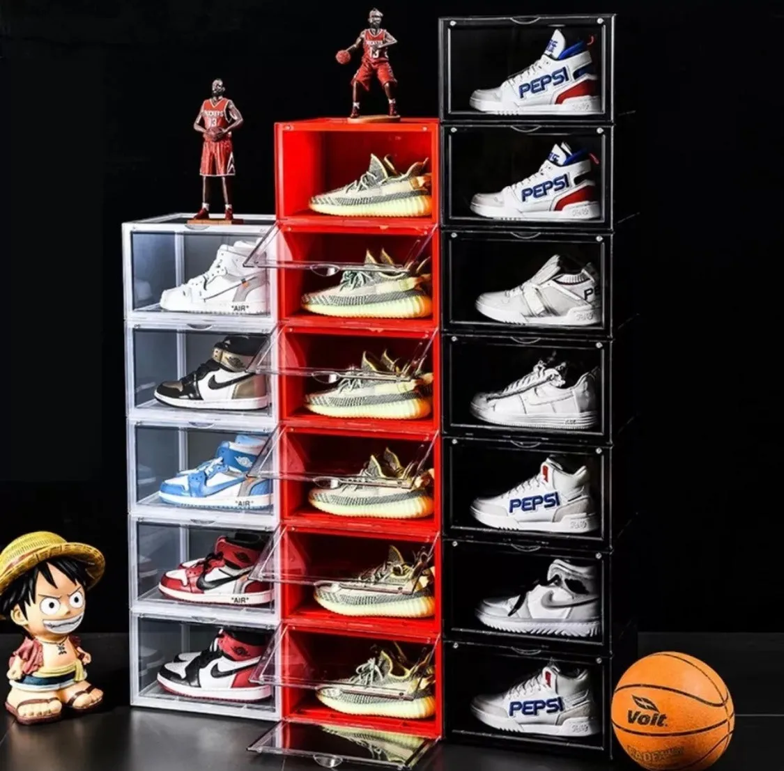 Magnetic Shoe Storage Box Drop Side/Front Sneaker Case Stackable Container XL - Ruby Red