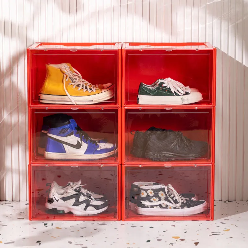 Magnetic Shoe Storage Box Drop Side/Front Sneaker Case Stackable Container XL - Ruby Red