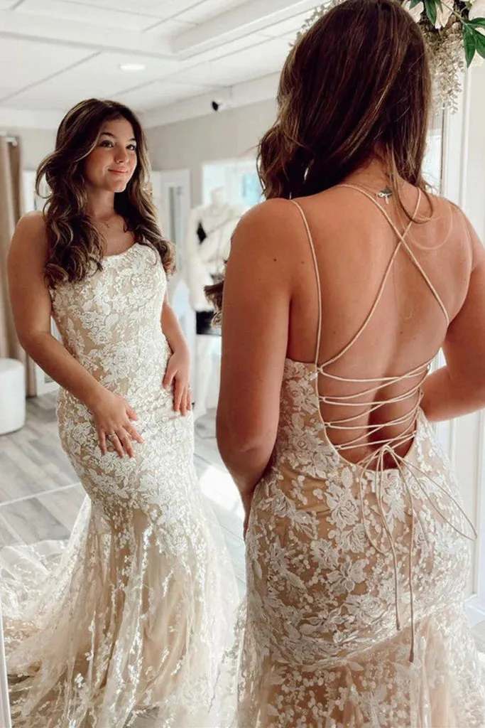 Mermaid Backless Lace Long Prom Dress Formal Evening Dresses OK1999