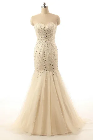 Mermaid Open Back Sweetheart Long Champagne Prom Dress ED1015