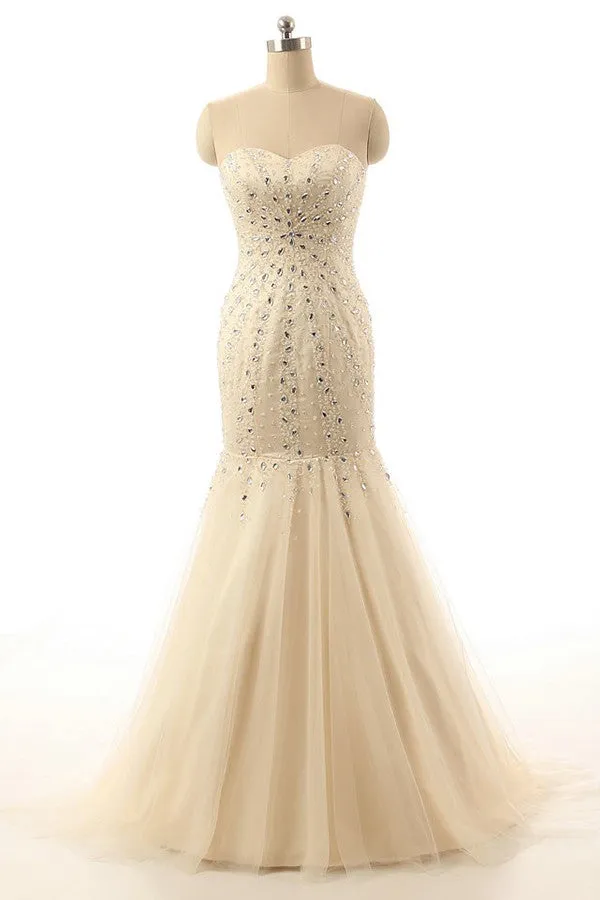 Mermaid Open Back Sweetheart Long Champagne Prom Dress ED1015