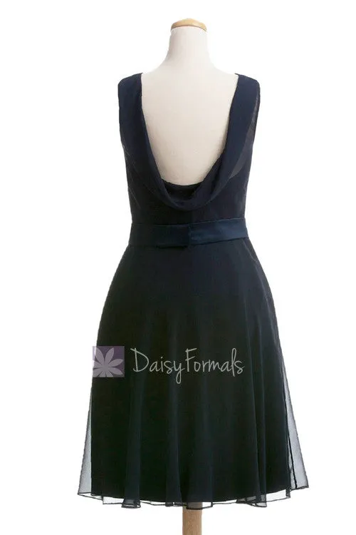 Midnight Chiffon Bridesmaid Dress Knee Length Formal Dress W/Illusion Neckline(BM4090)