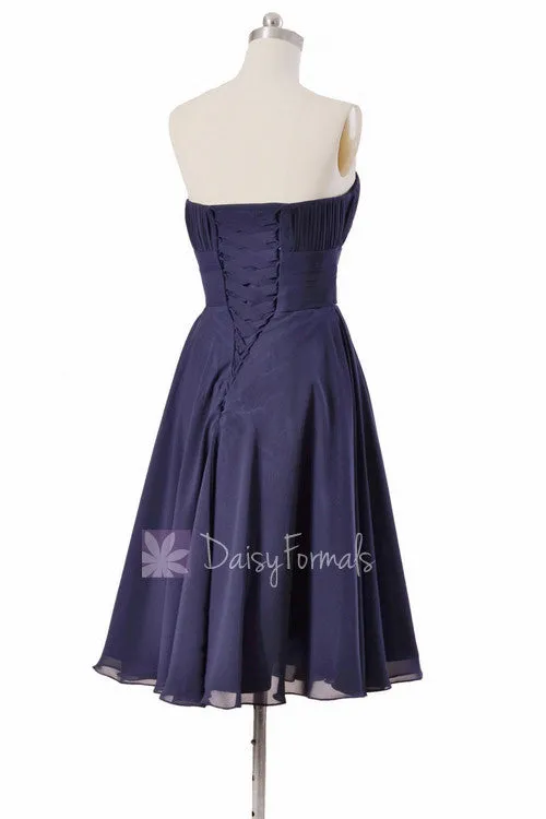 Navy Strapless Bridesmaid Dress Short Bridal Party Dress with Sash(BM856)