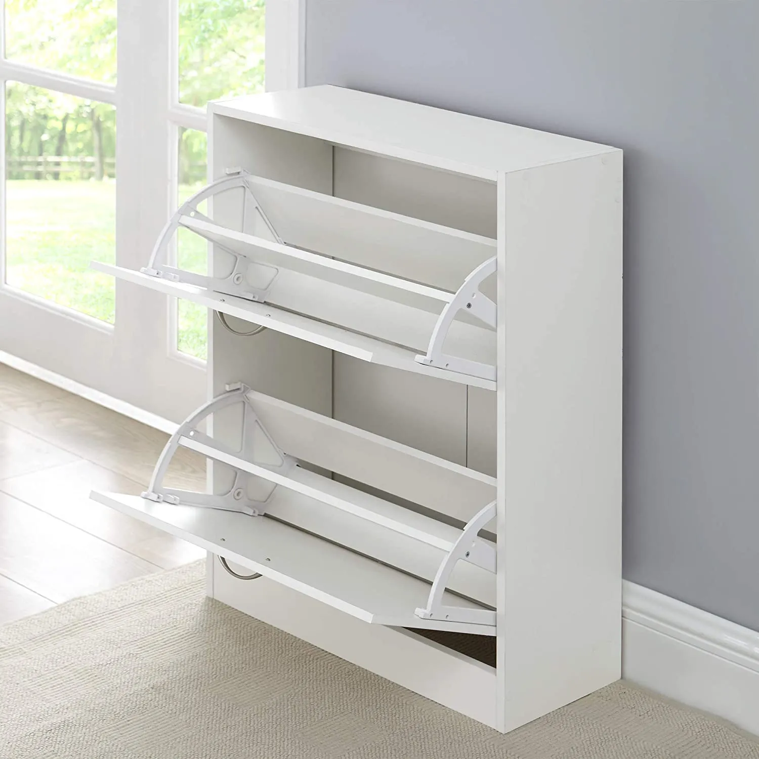 New in box, Note: 1 piece has small damage from shipping, shown in pics! Yak About It Double Door Shoe Cabinet - White