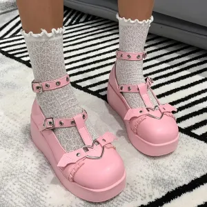 NEW Retails $116, Women's Platform T-strap Shoes, Solid Color Heart Decor Shoes, Y2K Style Shoes, Anime Style Shoes, Pink, Sz 10