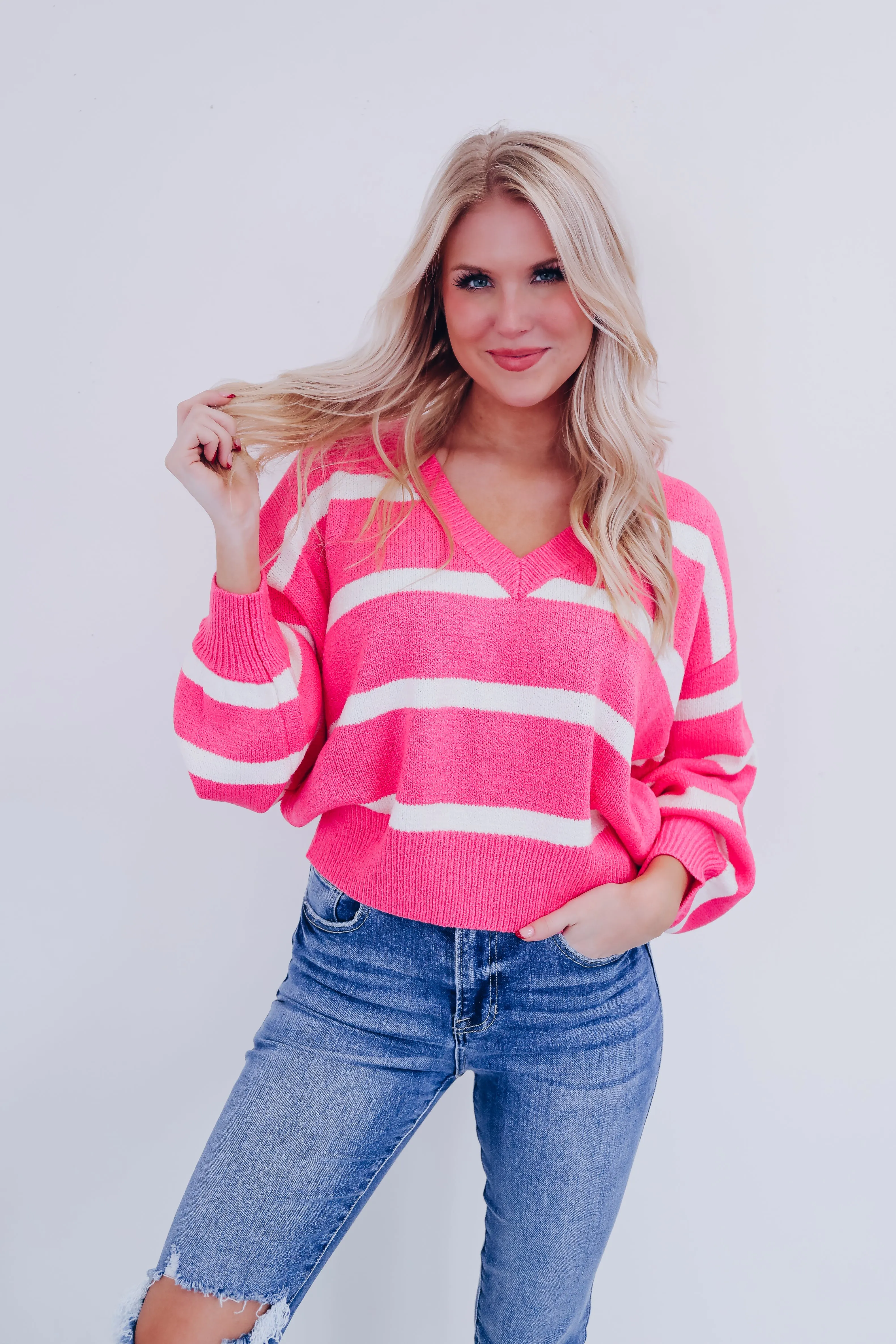 Niva V-Neck Striped Sweater - Pink/Ivory