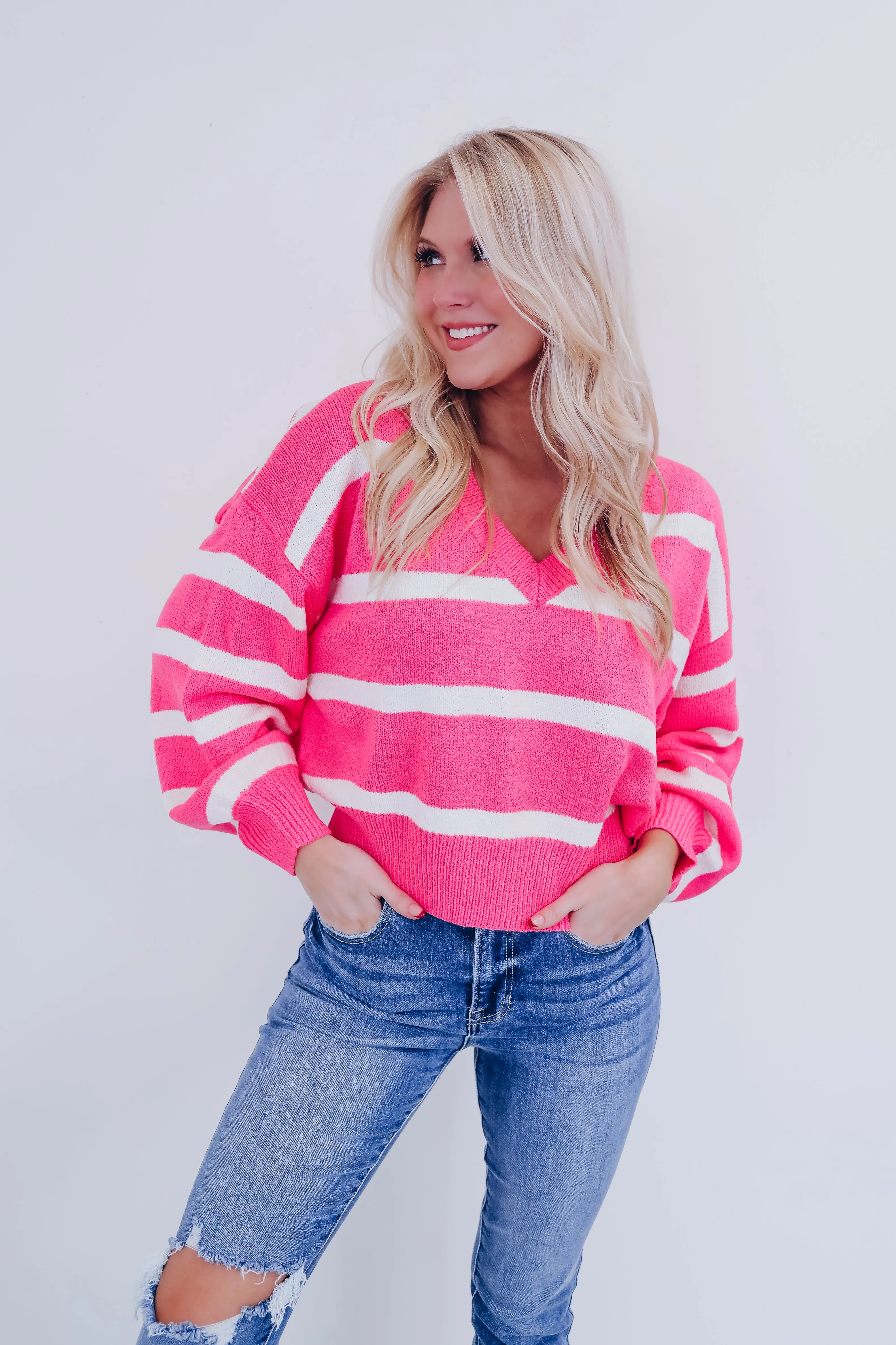 Niva V-Neck Striped Sweater - Pink/Ivory