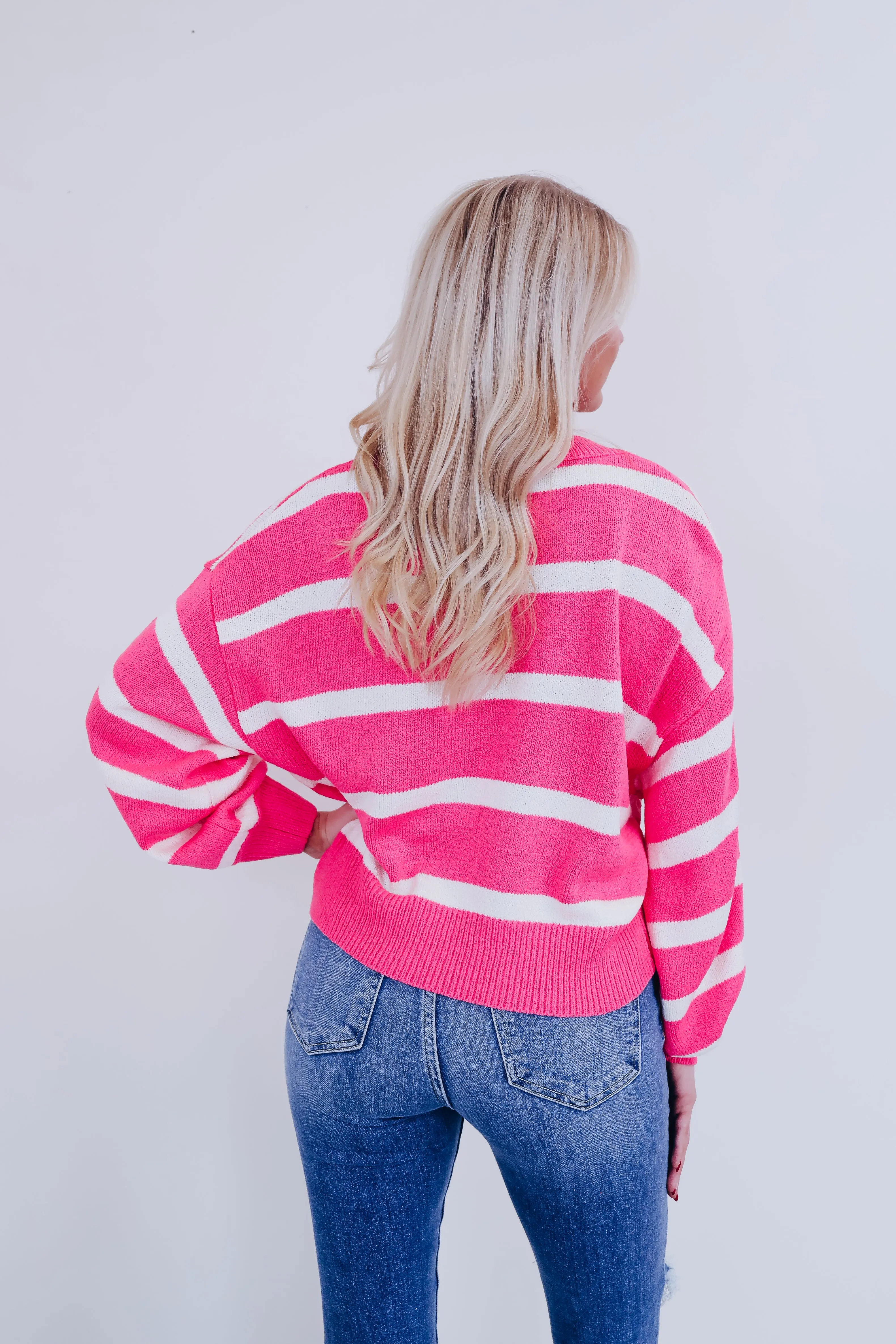 Niva V-Neck Striped Sweater - Pink/Ivory