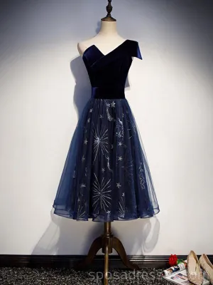 One Shoulder Black Sequin Unique Navy Blue Cheap Homecoming Dresses Online, Cheap Short Prom Dresses, CM767