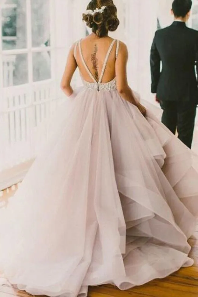 Organza Tulle High Neck Scoop Neck Sleeveless Prom Dress with Sweep Train, MP316