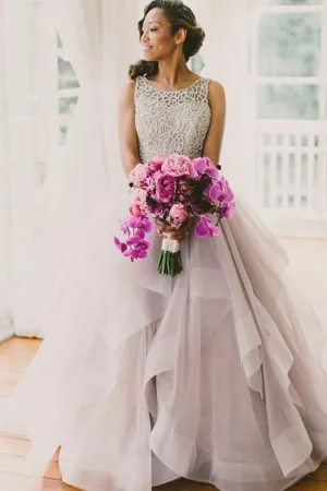Organza Tulle High Neck Scoop Neck Sleeveless Prom Dress with Sweep Train, MP316