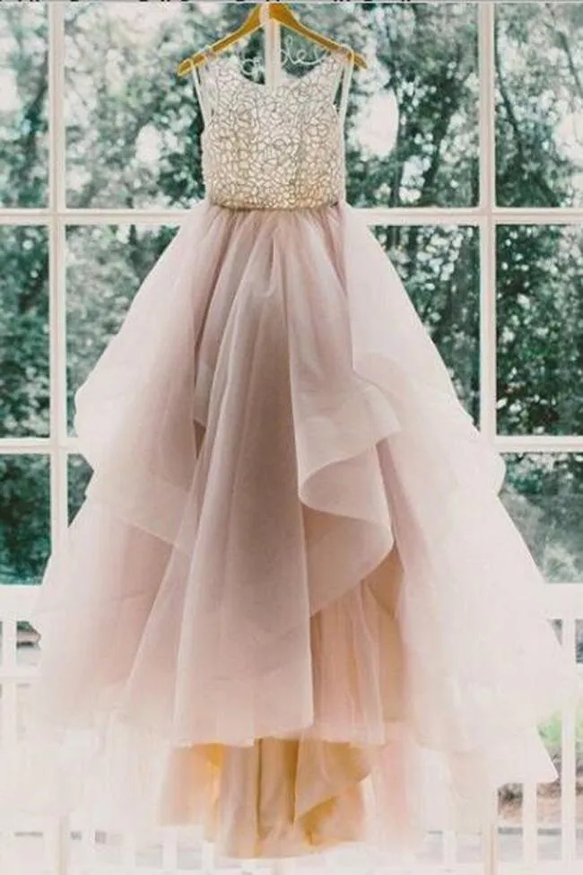 Organza Tulle High Neck Scoop Neck Sleeveless Prom Dress with Sweep Train, MP316