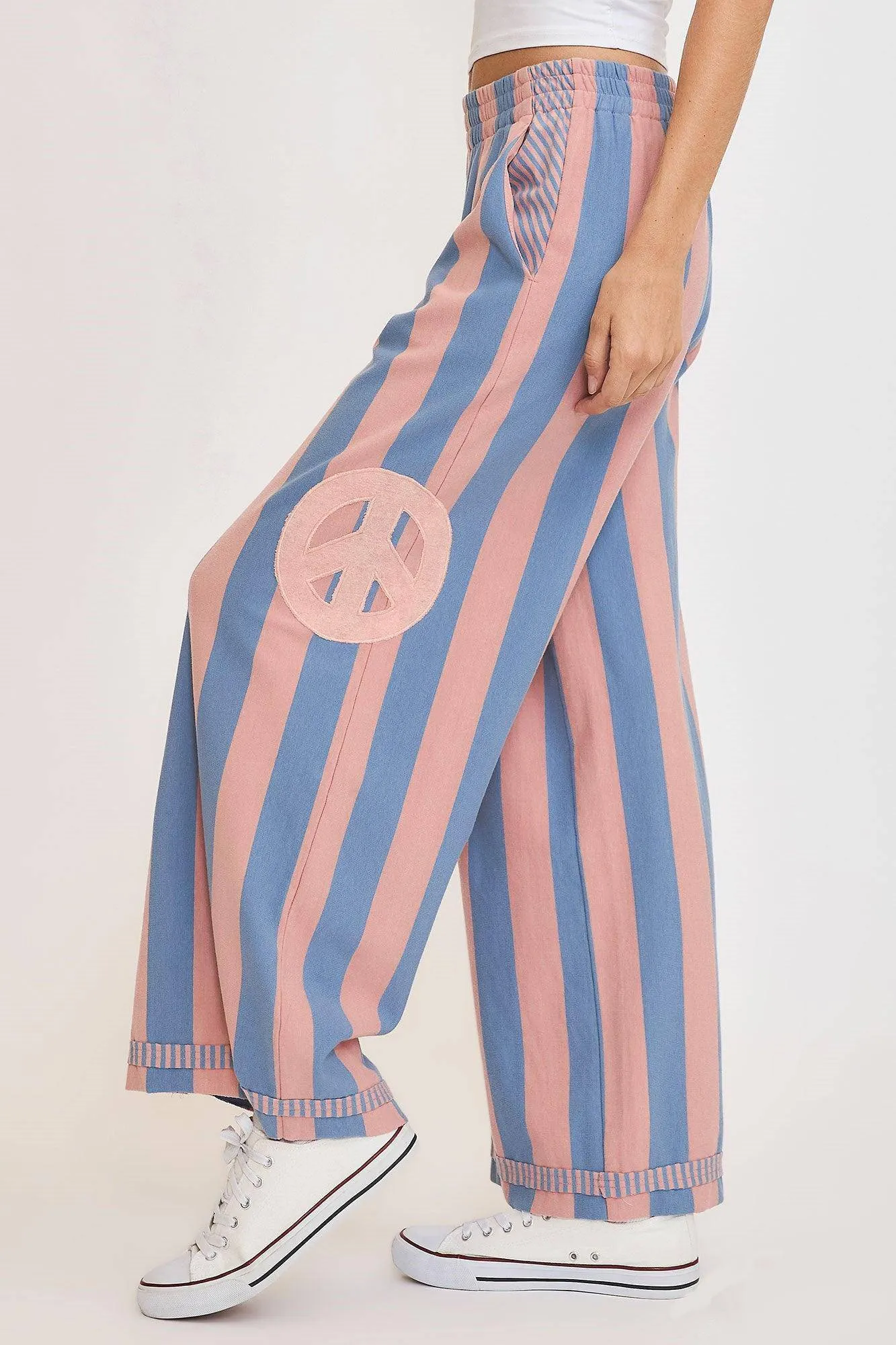 Peace Sign Patch Striped Wide Leg Pants