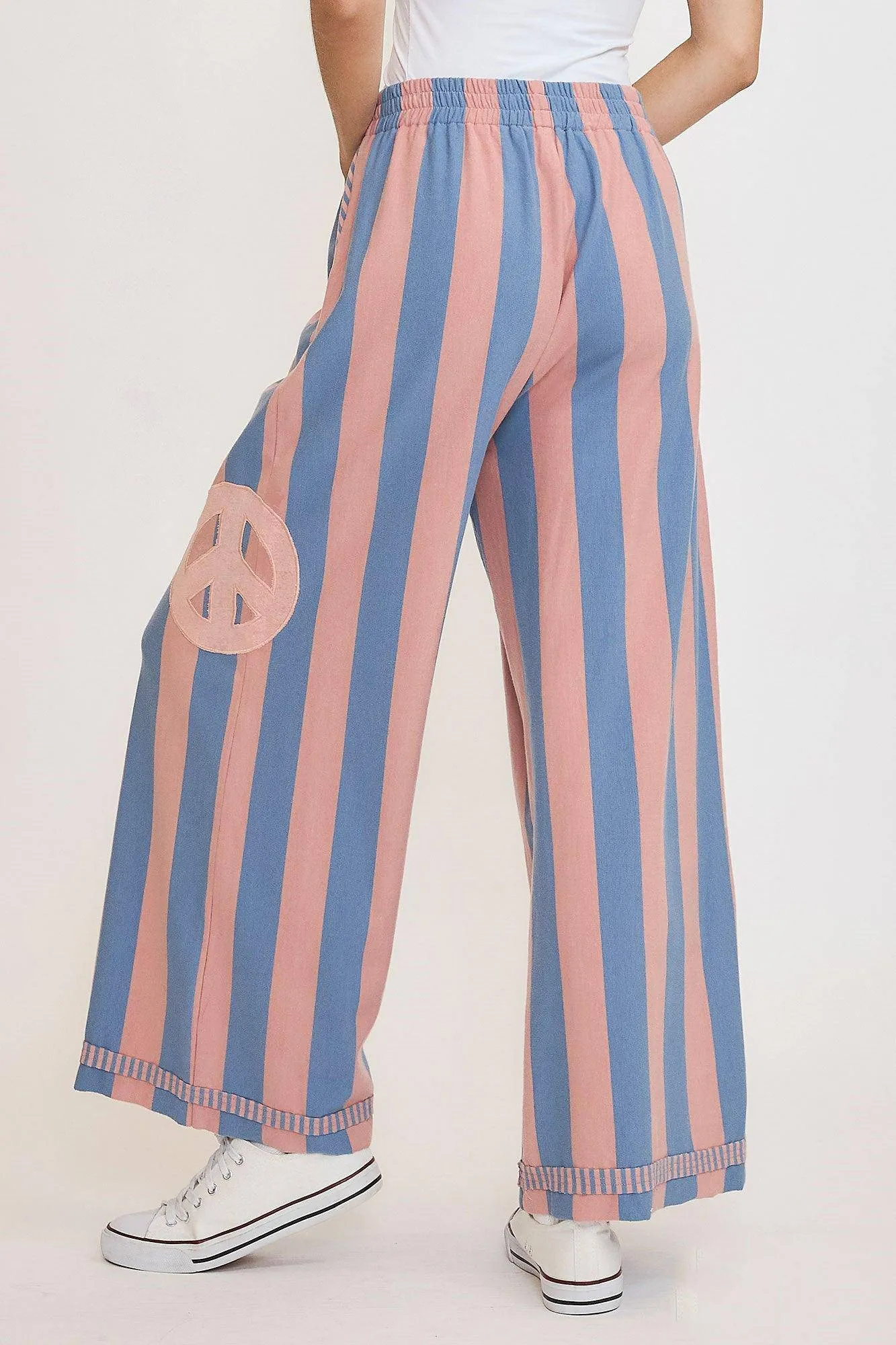 Peace Sign Patch Striped Wide Leg Pants