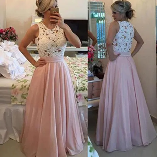 Pink A-line Floor-length Chiffon High Neck Long Prom Dresses Party Dress MP260