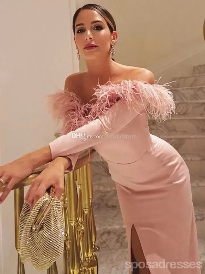 Pink Mermaid Off Shoulder Long Sleeves High Slit Cheap Long Prom Dresses,12916