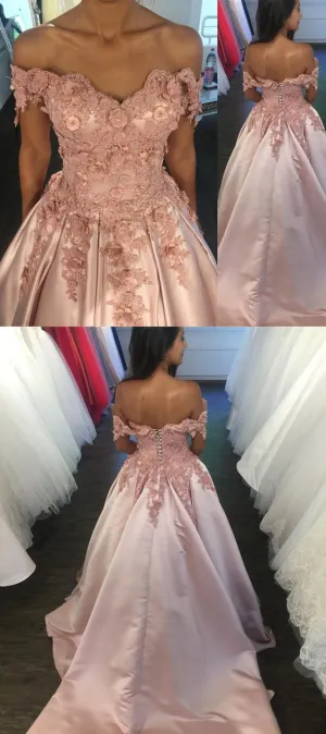 Pink Satin 3D Lace Flowers Beaded Off The Shoulder Prom Dress GX2284