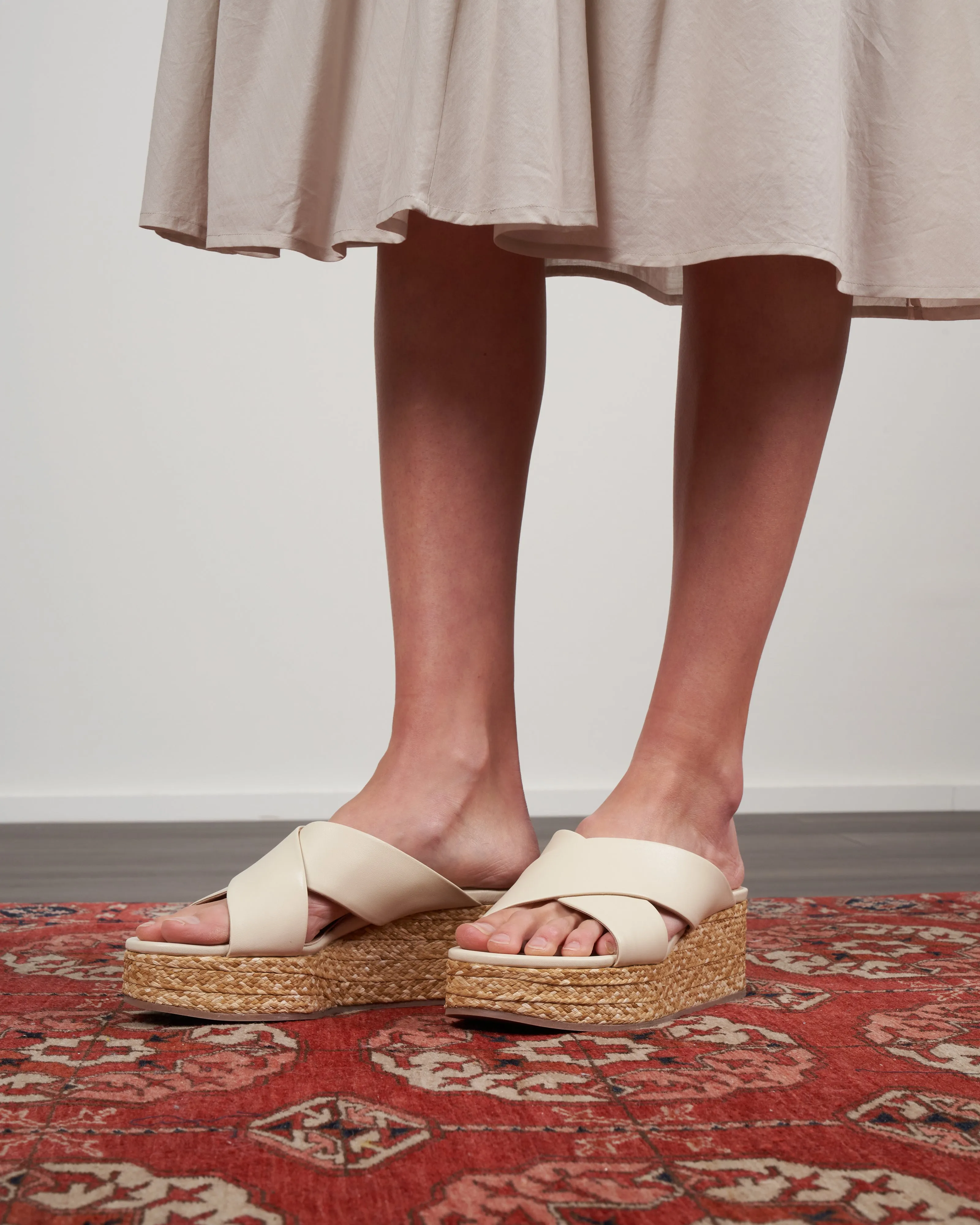 platform wedge nappa leather upper crisscross raffia heel