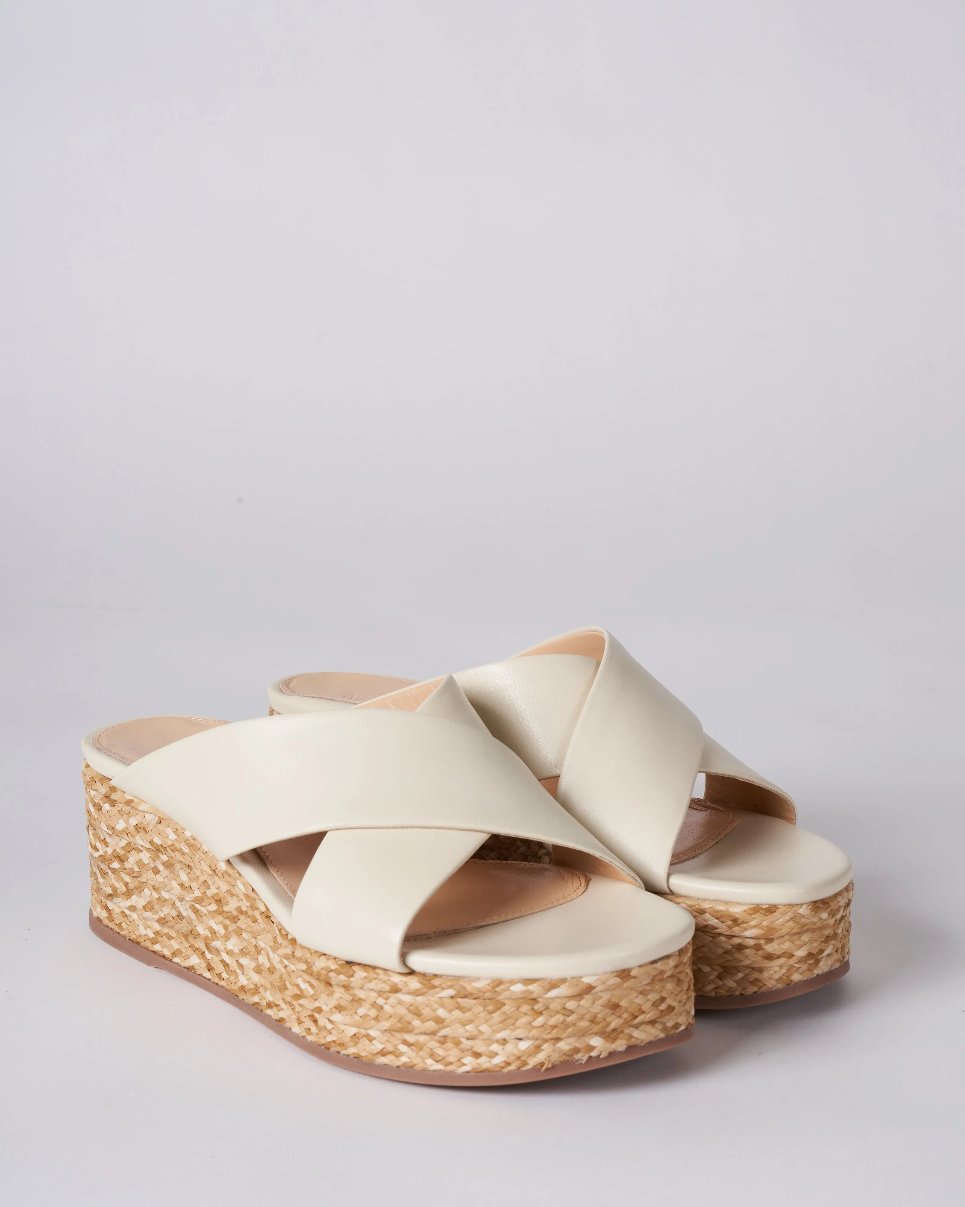 platform wedge nappa leather upper crisscross raffia heel