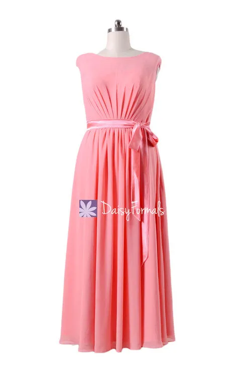 Plus Size Bridesmaids Dress Long Modest Prom Dress Light Coral Chiffon Party Dress (BM7897)