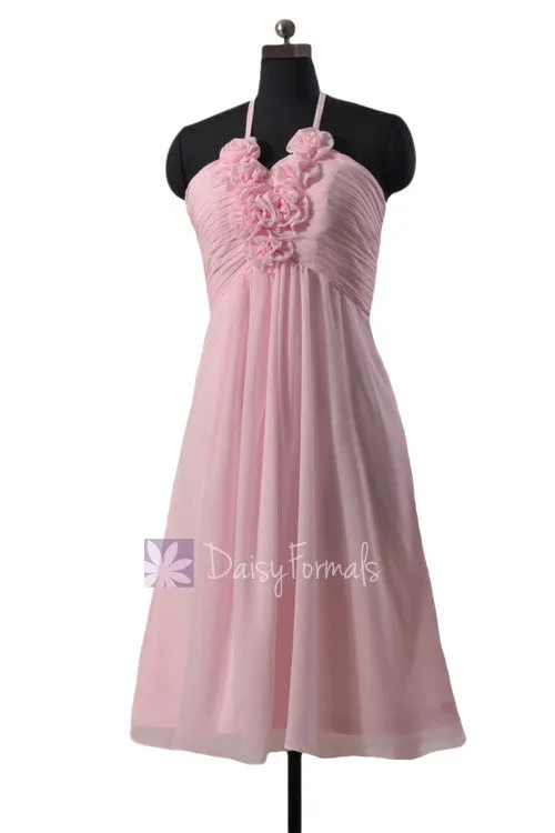 Pretty Ice Pink Short Chiffon Cocktail Dress Halter Bridesmaid Dress w/ Flowers(BM325S)