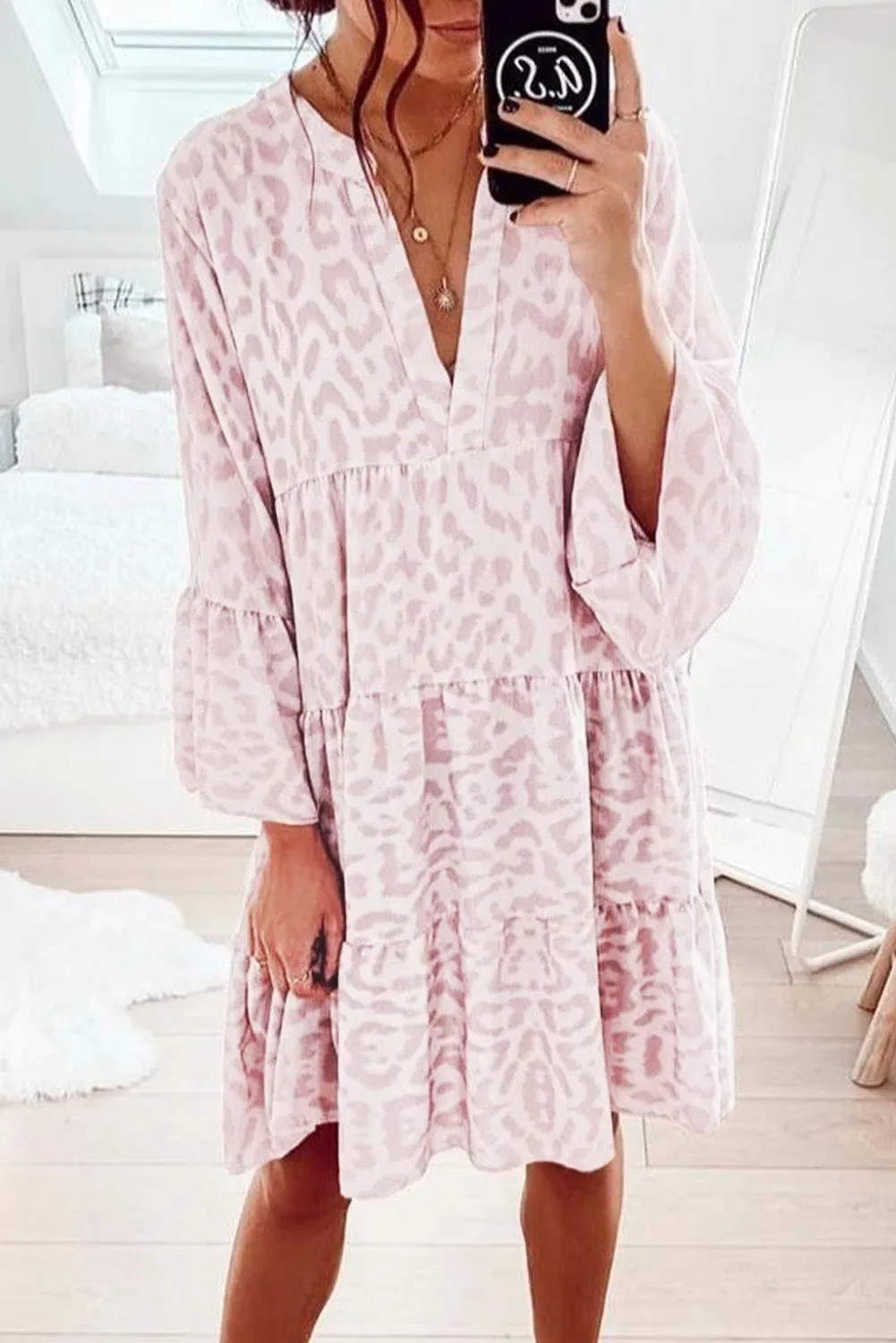 Print V neck Ruffle Swing Mini Dress
