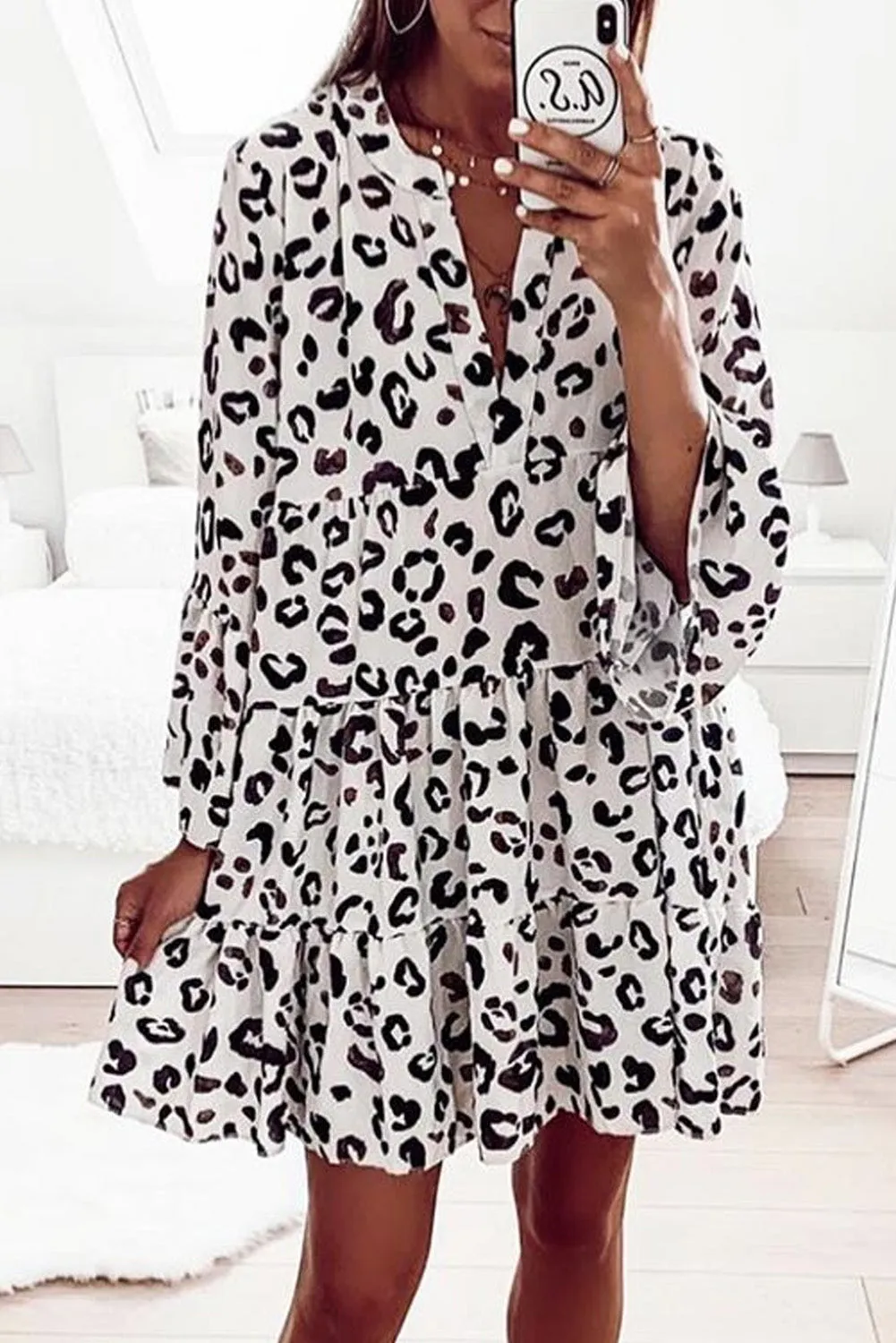 Print V neck Ruffle Swing Mini Dress