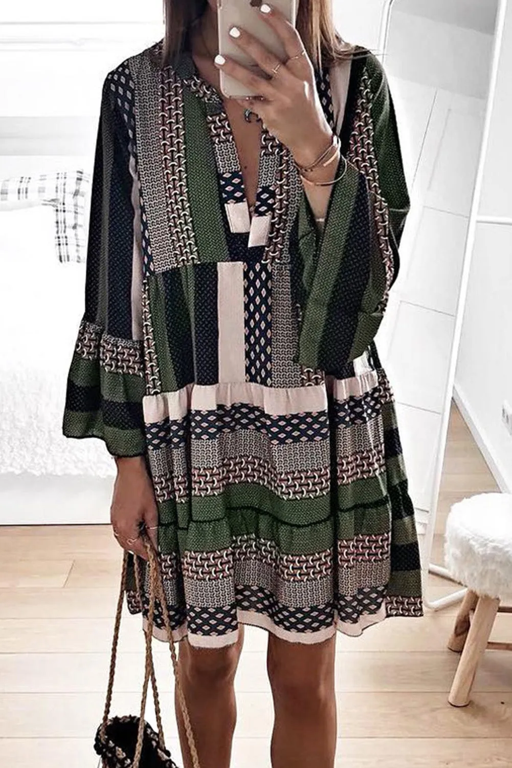 Print V neck Ruffle Swing Mini Dress